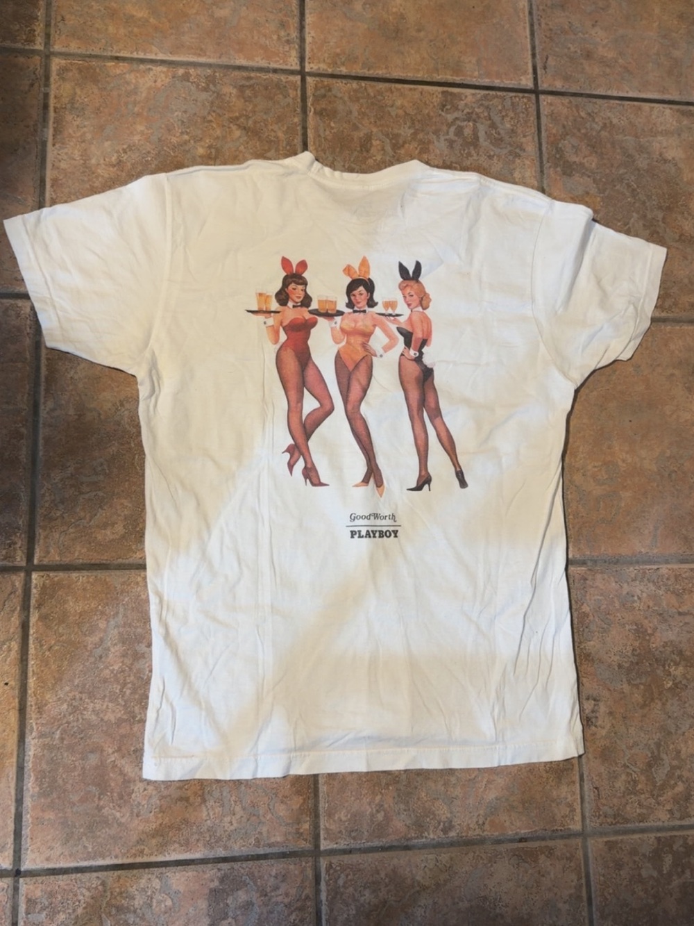 PLAYBOY White Tee with Retro Bunny Pinup Trio
